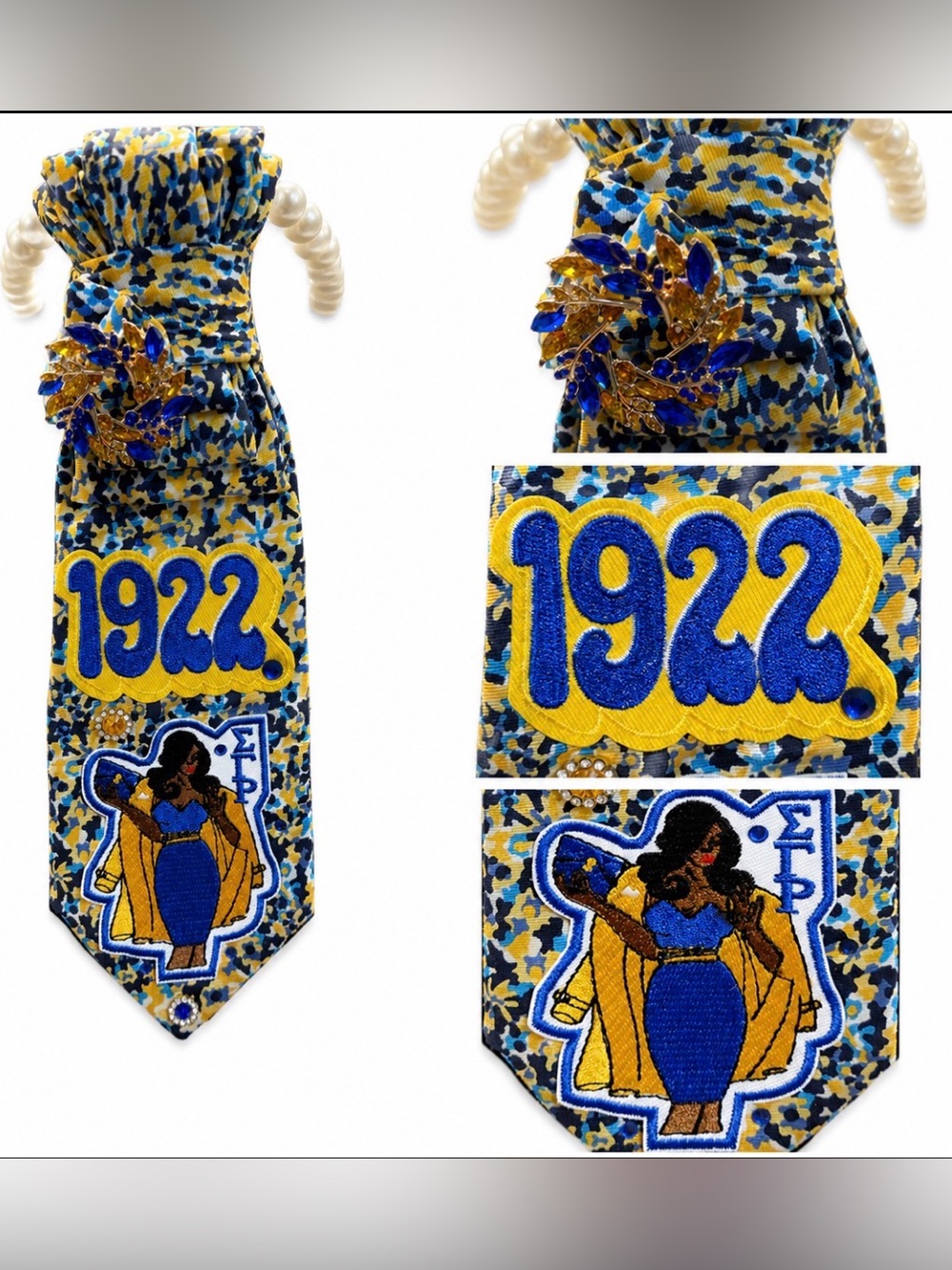 Handmade HBCU Soror Denim Statement tie necklace Blue Gold Bling